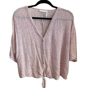 LUQ lavender and white animal print gauze button down tie uptop.